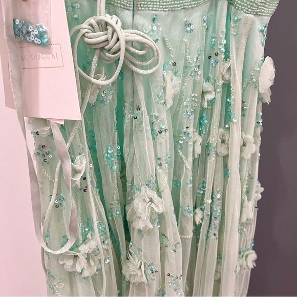 NWT Mac Duggal 70275 Aqua Mint Sequined Floral Ruffle Cutout Tulle Maxi Dress 2 - Picture 10 of 11